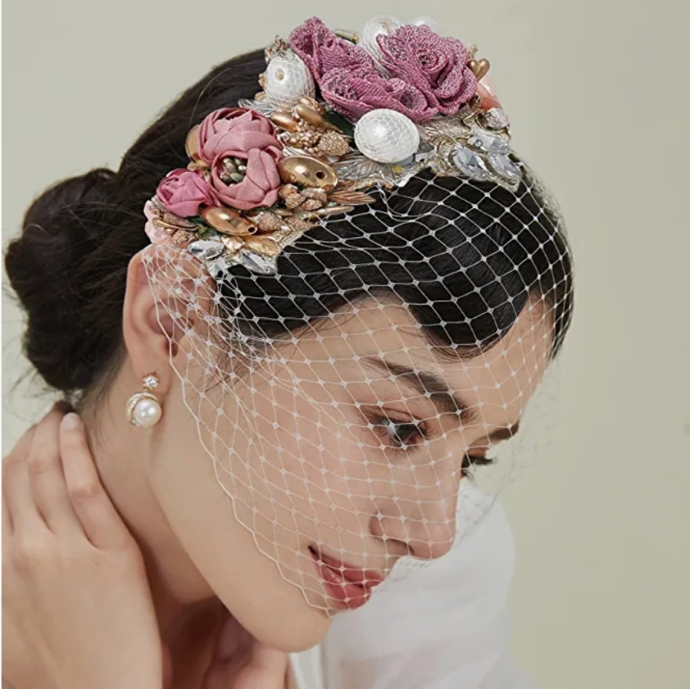 NWT Dusty Rose Pink 1920s Fascinator Mesh Veil Headband Bridal Wedding Tea Party